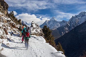 Himaláje, Nepál, turistika, trek, osoba, chůze, sníh, Studený, zimní, dobrodružství, horolezectví