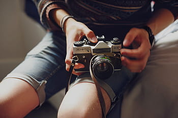 žena, fotografie, založit, fotograf, výstřel, vinobraní, Fotoaparát, objektiv, soustředit se, džíny, lidé