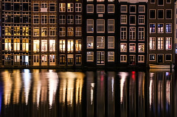 canals in amsterdam, city and Urban, amsterdam, buildings, hD Wallpaper, holland, night, reflection, reflections