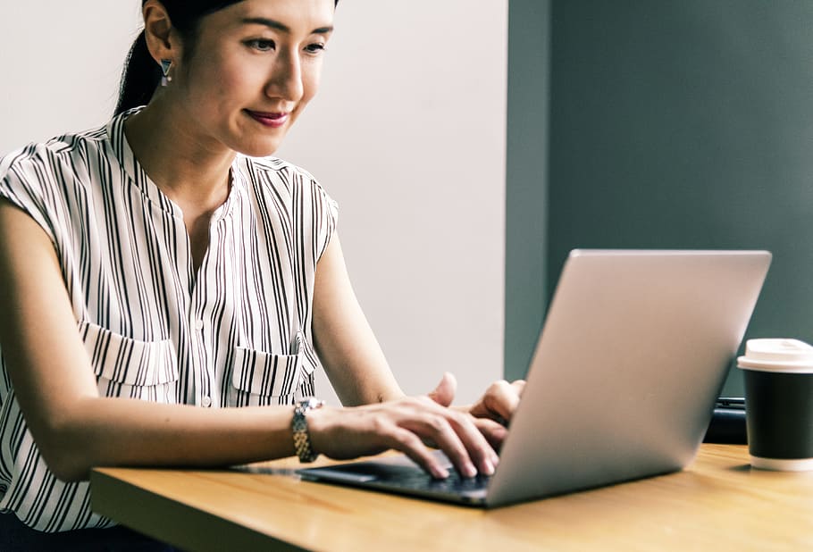 adult, alone, arms, asian, beautiful, casual, cheerful, closeup, communication, computer, connection