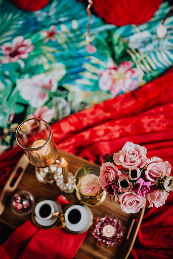 valentine, sarapan pagi hari, tempat tidur, indah, sarapan, cinta, romantis, roman, merah, selimut, makan siang