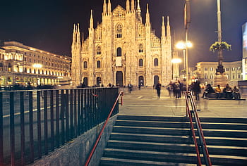 milan cathedral, exterior, shining, lights, architectural, architecture, art, cathedral, catholic, church, cityscape