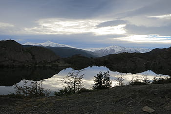 Laguna Platos, Torres Del Paine, Chile, landscape, mountains, peaks, valleys, water, snow, sky, clouds