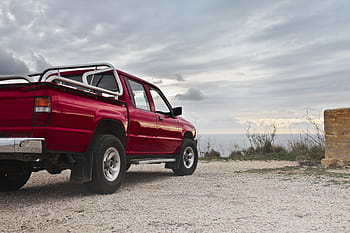 red, pick-up, truck, parked, sea, overcast weather, 4x4, adventure, engine, machine, outdoors