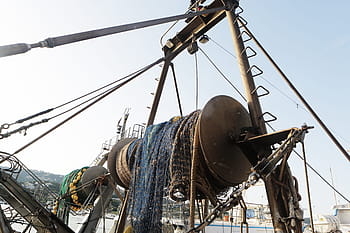fishing net, boats, harbor, port, ladder, posts, chains, ropes, deck