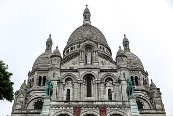 grey, stone, bronze statues form, front, sacre coeur, paris, france., architecture, cathedral, catholic, church