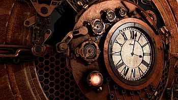 steampunk, hodiny, čas, antický, Pozadí, ozubená kola, kov, hnutí, stroj, retro, fantazie