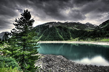 jezero, voda, hory, krajina, Příroda, venku, Šedá, mraky, nebe, bouřka, hdr
