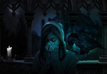 fantasy, sad, girl, light, composing, longing, female, raven, candle, castle, mysticism
