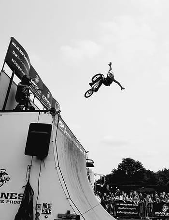 bmx, stunt, ramp, speed, sport, adventure, jump, black and white, air, bike, cycle