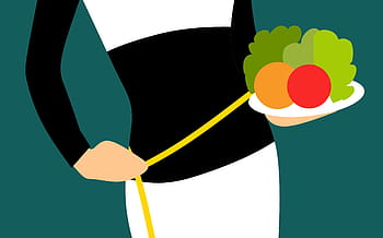 ilustrace, žena diety, jíst, salát., strava, zhubnout, ztráta váhy, liposukce, žena, pojem, štíhlý