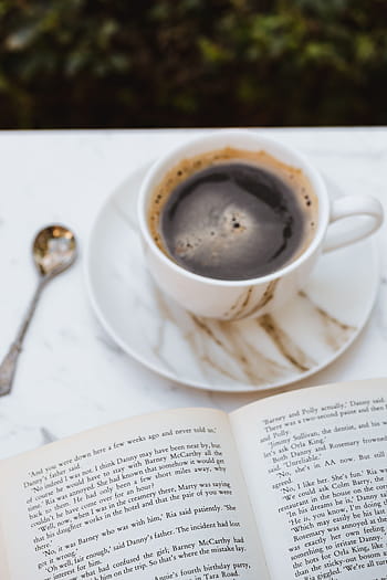 cangkir, kopi, terbuka, buku, putih, tidak ada, meja, santai, waktu, buku yang dibuka, kafe