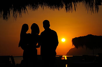 family silhouette, sunset backdrop, backdrop., beach, families, children, human, holiday, holidays, sea, walk on the beach