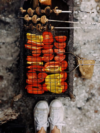 grilování, papriky, kuře, oheň, pečeně, bbq, kuchařka, venku, gril, obuv, tenisky