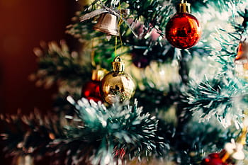Kerstmis, boom, ornamenten, decoraties, klokken, feestelijk, vakantie