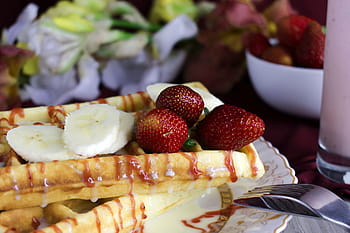 wafer, viennese waffles, dessert, food, nutrition, plate, sweet, berry, closeup, strawberry, condensed milk