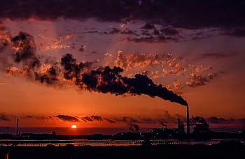industrial, factory smoke, smokestacks, sunset sky, clouds, electricity, emission, factory, manufacturing, ocean, pink