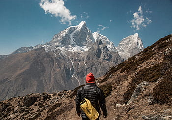 mountain, landscape, peak, summit, snow, view, rocks, sky, clouds, highlands, people