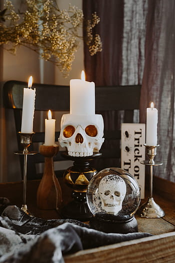 dekorasi halloween, &, lilin, musim gugur, tengkorak, halloween, horor, oktober, menyeramkan, menghias