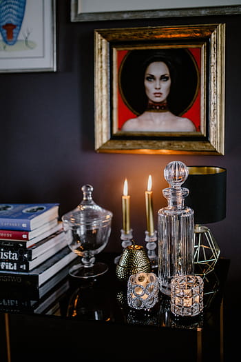 jarra, velas, pintura, pared, interior, hogar, revistas, artículos esenciales, libros, decoración, decoraciones