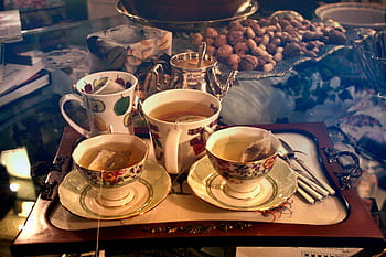 breakfast tea cups, filled, water, milk, tea bags, beverage, dish, drink, herbal tea, breakfast, close-up