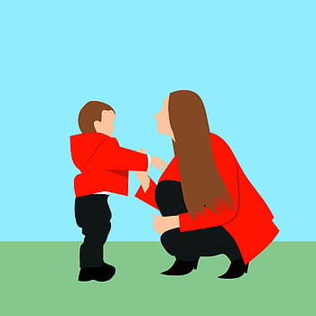 illustration, woman, child, red, coats, outdoors., mothers day, mother with baby, mom, mother and child, mother and son