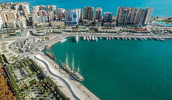 malaga, přístav, záliv, horizont, moře, pláž, město, mraky, modrý, jaro, molo jeden