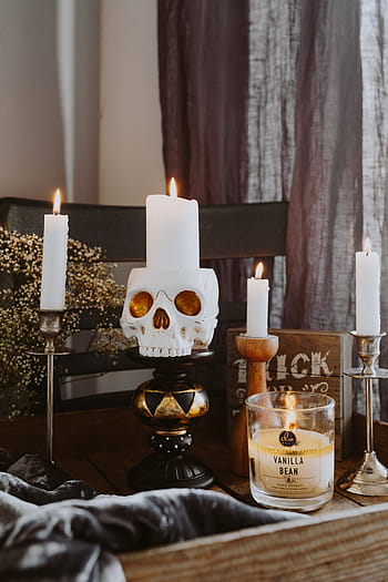 dekorasi halloween, &, lilin, musim gugur, tengkorak, halloween, horor, oktober, menyeramkan, menghias