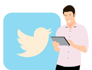 twitter promóció, társadalmi, média marketing ember, eszközöket., twitter, közösségi média, Alkalmazás, mint, tabletta, fiatal, teljes