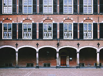 The Hague, Netherlands, government, building, architecture, bricks, arches, windows, shutters, cobblestone