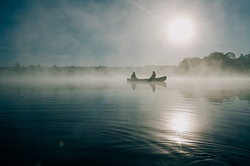 loď, jezero, voda, kánoe, lodičky, lidé, rybolov, rybář, svítání, mlha, Příroda