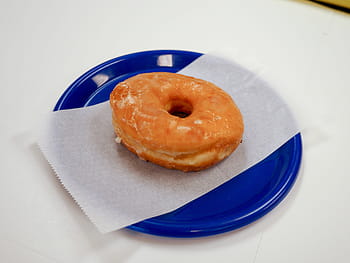 glazed, donut, sitting, blue, plate, bakery, breakfast, calories, chocolate, colorful, dessert