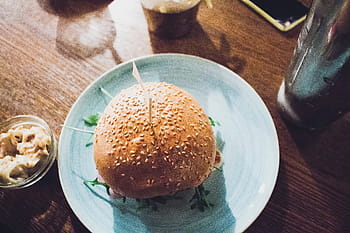 burger, bun, dinner, dish, hamburger, lunch, meal, meat, plate