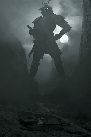 fantasy, samurai, mystical, surreal, composing, photomontage, mysterious, mist, fog, village, atmosphere