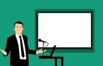 illustration, man teaching training session, front, whiteboard., trainer, board, class, classroom, coach, course, education