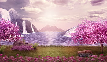 background, fantasy, landscape, mountains, waterfalls, trees, meadow, lake, water, sky, photomontage