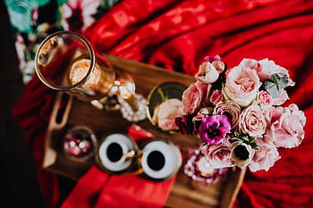 valentine, sarapan pagi, tempat tidur, cantik, sarapan, cinta, romantis, romansa, merah, selimut, brunch