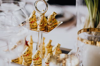 emas, kelinci, nampan, meja, liburan, set meja, coklat, mewah, paskah, dekorasi meja, keanggunan