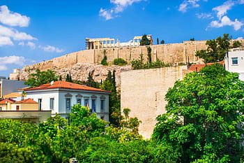 ηλιόλουστος, θέα, ακρόπολη., μνημείο, ακρόπολη, αρχιτεκτονική, αρχαίος, πέτρα, πράσινος, φύση, τοπίο
