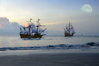 nave pirata, mare, Luna, fantasia, oceano, vela, barca, nautico, di legno, barca a vela, cielo