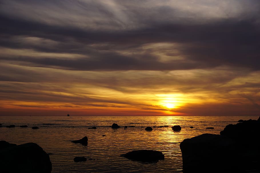 sunset, dusk, dawn, waters, sun, water, sky, lake, abendstimmung, bank, setting sun