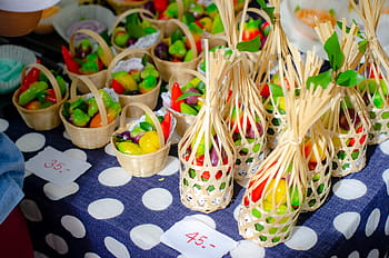 thajské jídlo, místní, trh, -, malý, koše, jídlo, thai, asijský, kuchyně, pikantní