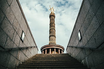 udsigt, berlin sejr kolonne, nedenunder, skyer, baggrund, arkitektur, kapital, kolonne, Europa, Tyskland, guld