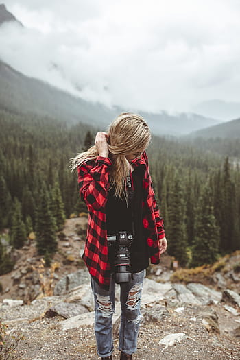 dívka, blondýnka, žena, vlasy, Fotoaparát, fotograf, bederní, flanel, hory, hora, Příroda