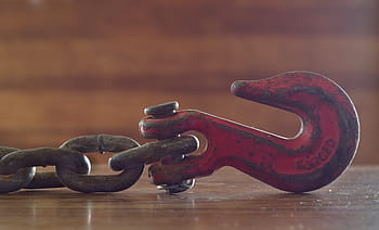 hook, chain, strong, metal, iron, rust, rusted, old, red, used, pin